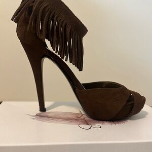 Brown Fringe High Heel Sandals